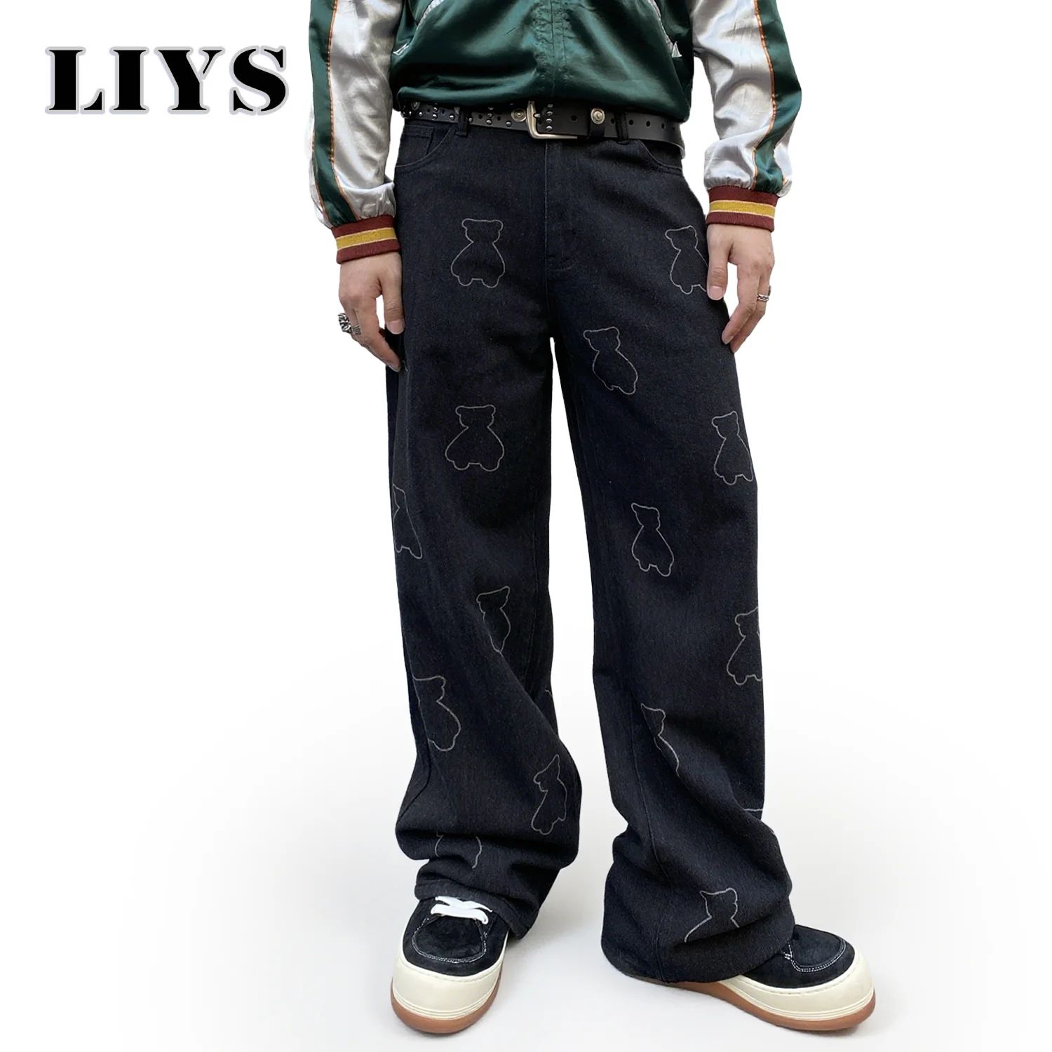 

2025: мужские свободные прямые джинсы, осенние ретро базовый стиль, джинсовые брюки с вышивкой плюшевого мишки, мужские джинсы по индивидуальному дизайну