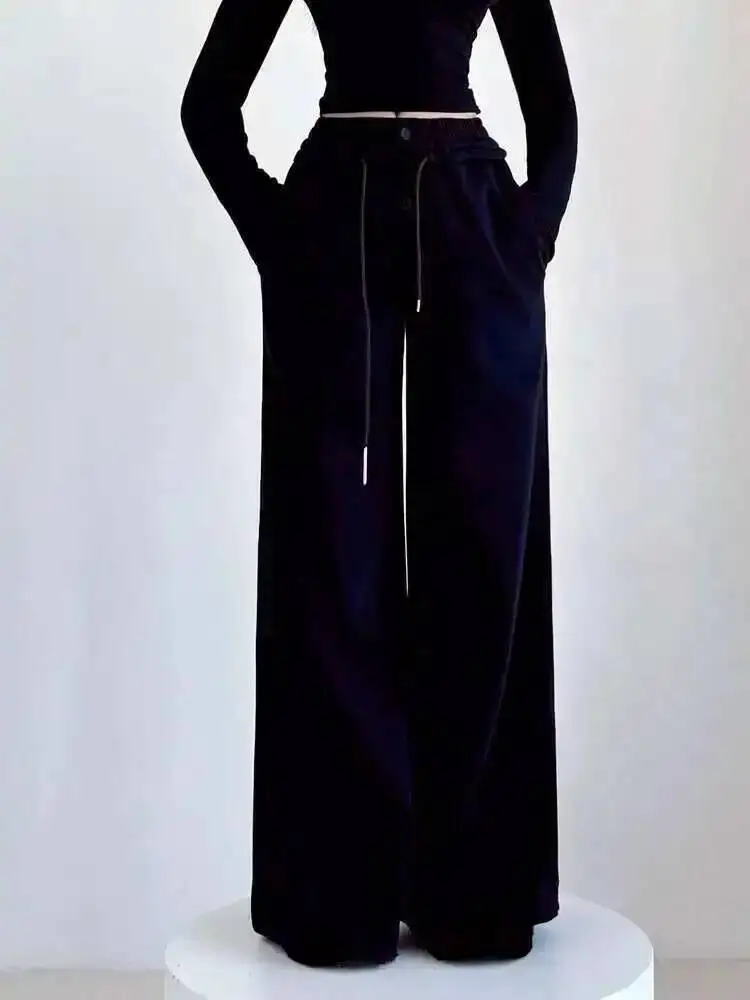 الأمريكية الساخنة فتاة زر مرونة الخصر الرباط بنطال ذو قصة أرجل واسعة المرأة 2025 الخريف فضفاض موضة غير رسمية النساء السراويل 8IOS