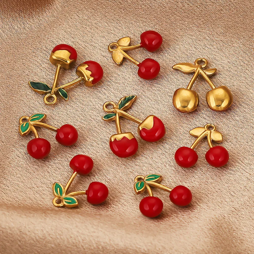 5pcs/lot Stainless Steel Cherry Charm Enamel Gold-plated for DIY Necklace Earring Jewelry Making Accessories Materials Wholesale