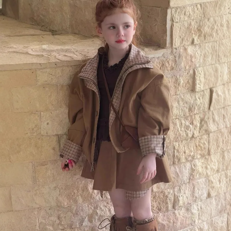 

Children's Checkered Splicing Jacket + Half Skirt Set | Autumn Spring Kids Clothing Fashion Heavy Industry Temperament