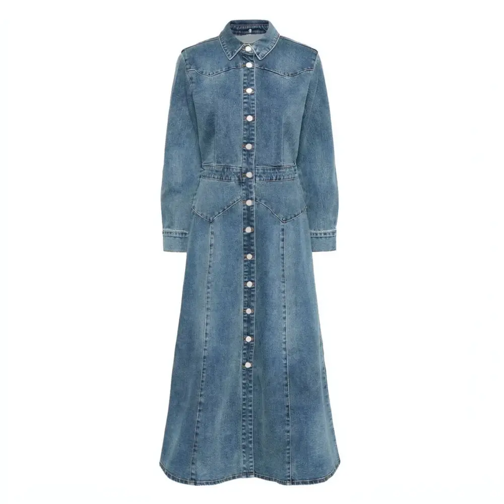 Slim Fit Women Denim Dress Long Sleeve Casual Jean Gown Elastic Plus Size Elegant Princess Sleeve Spring Blue Vintage Apparel