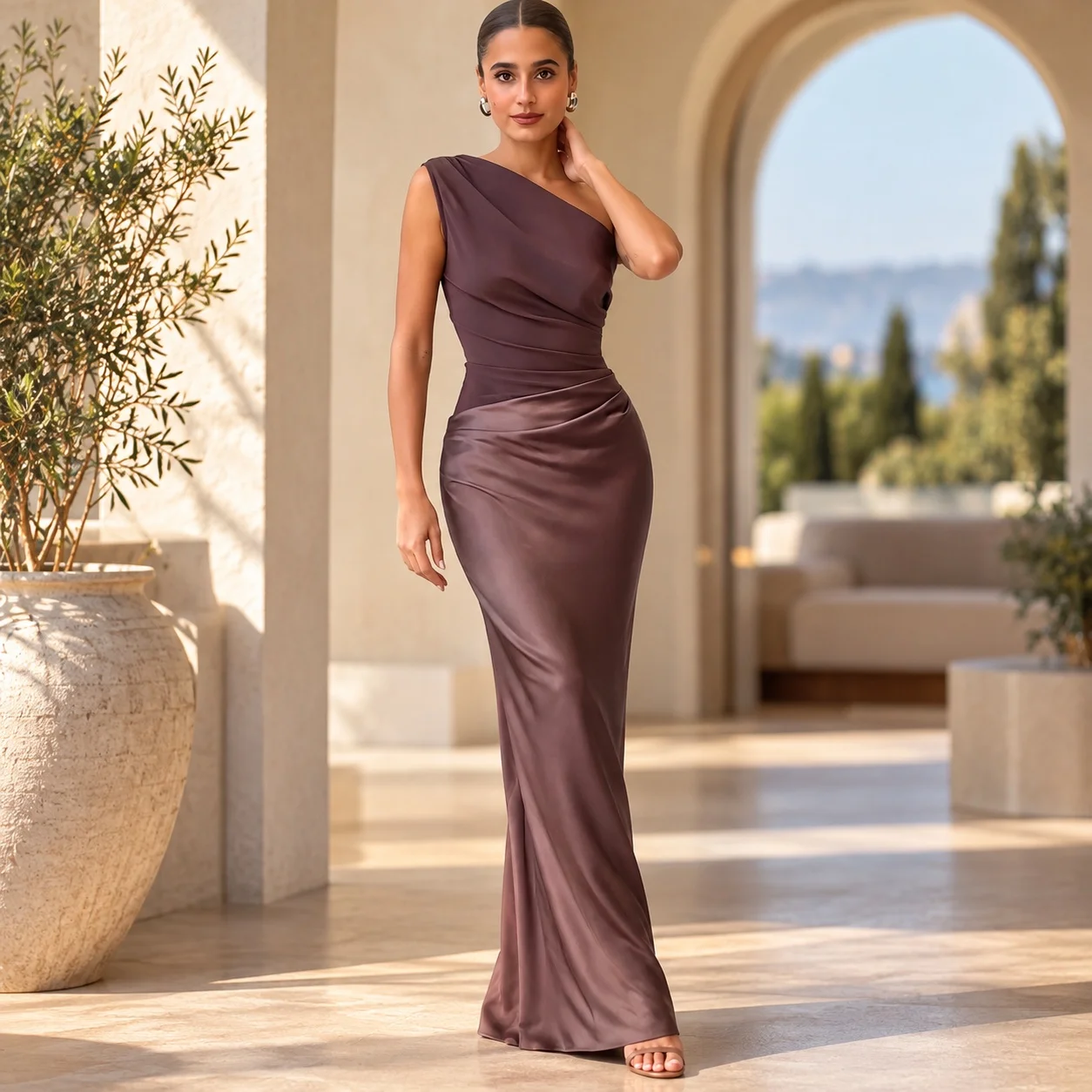 Sleeveless Oblique Neck Gown Bodycon Socialite with Asymmetric Neckline Slim Fit Zipper Closure Sexy Chic Dress Summer for Women
