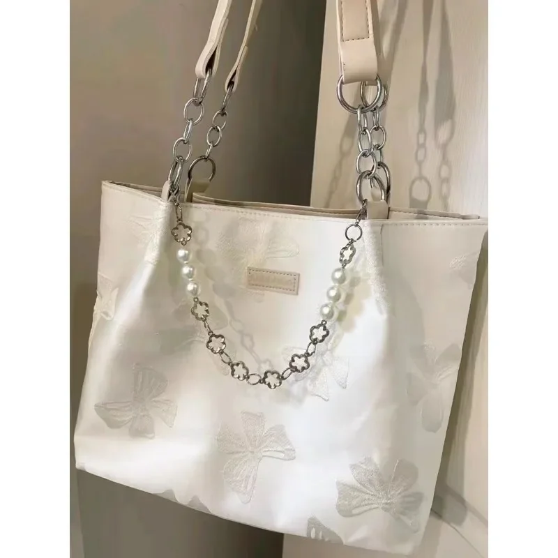 Xiuya White Shoulder Bag for Women Bow Elegant Large Capacity Tote Bag Aesthetic Simple Casual Exquisite Fashion Ladies Handbag