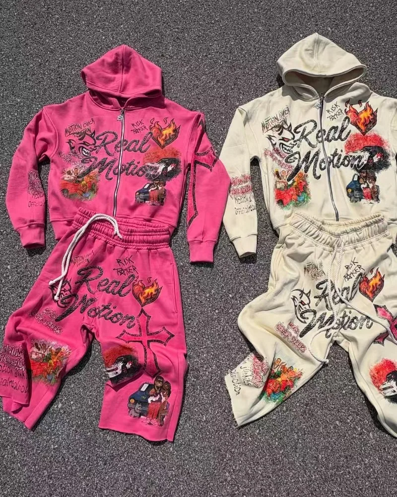 

High street punk hip-hop personality graphic design men set 2025 New fashion trend zipper hoodie Harajuku casual sportswear suit