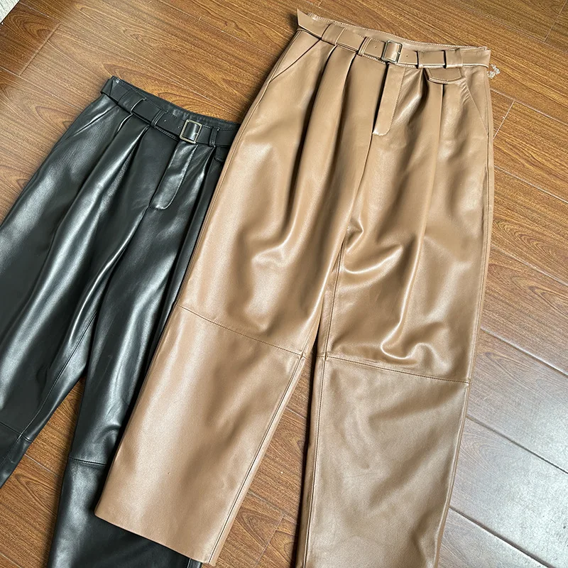 

Genuine Leather Casual Pants for Women Belted Ankle-Length Pants Fashion Black Brown Office Ladies High Waist Straight Pants