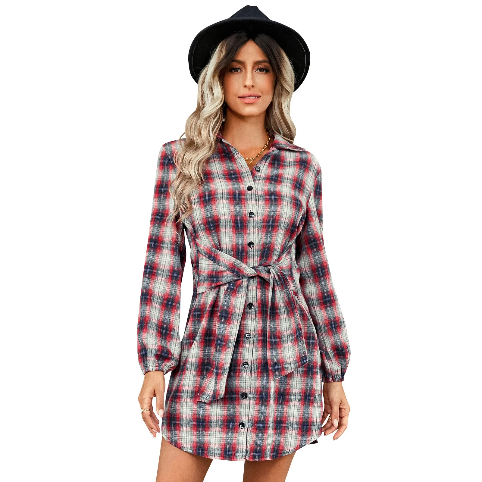 Women's Shirt Dress Plaid Lapel Single Breasted Long Sleeve Strap Up Waist Short Dress Vintage  Fashion Casual  Spring/Autumn