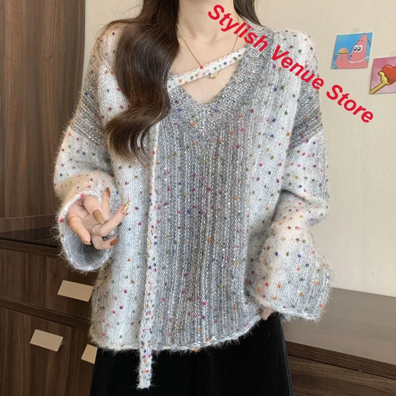 Korean-style gradient V-neck sweater color sweater women's autumn and winter fashion loose cover belly western style casual top