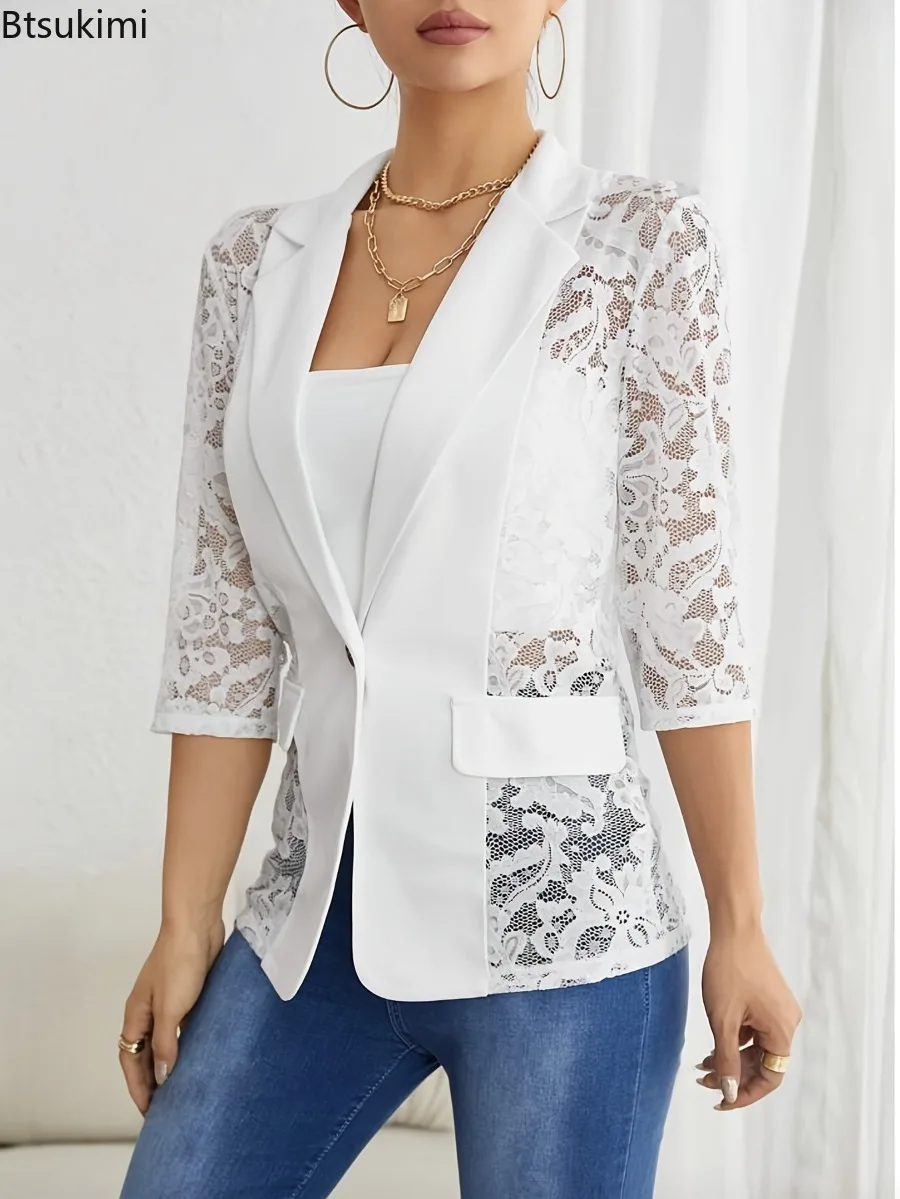 

Women Elegant Single Button Lace Spliced Suit Collar Jacket Lady Half Sleeved Lace Hollow Out Slim White Black Lightweight Coat
