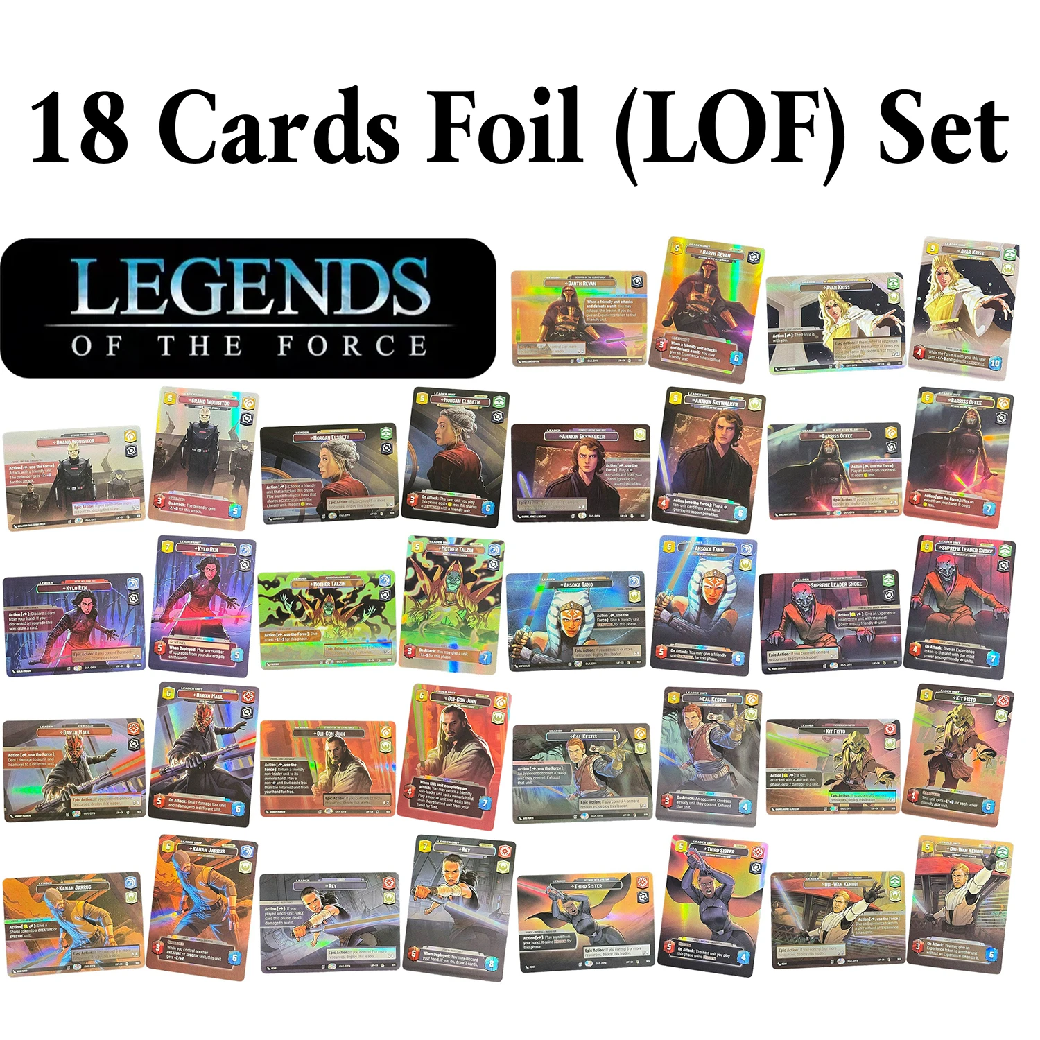 

18 шт./компл. Legends of the Force (LOF) фольгированные игровые карты AHSOKA TANO BARRISS OFFEE DARTH MAUL GRAND INQUISITOR AVAR KRISS REY