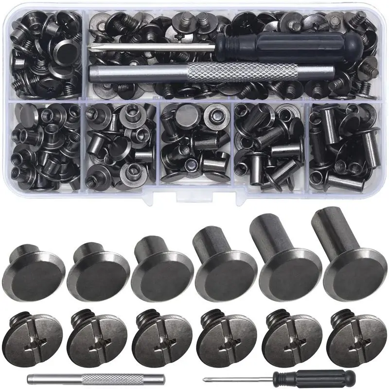 Kit de parafusos femininos, 6 tamanhos de fixadores de couro de cabeça plana redonda rebites pinos de parafuso de metal para artesanato de couro diy e encadernação