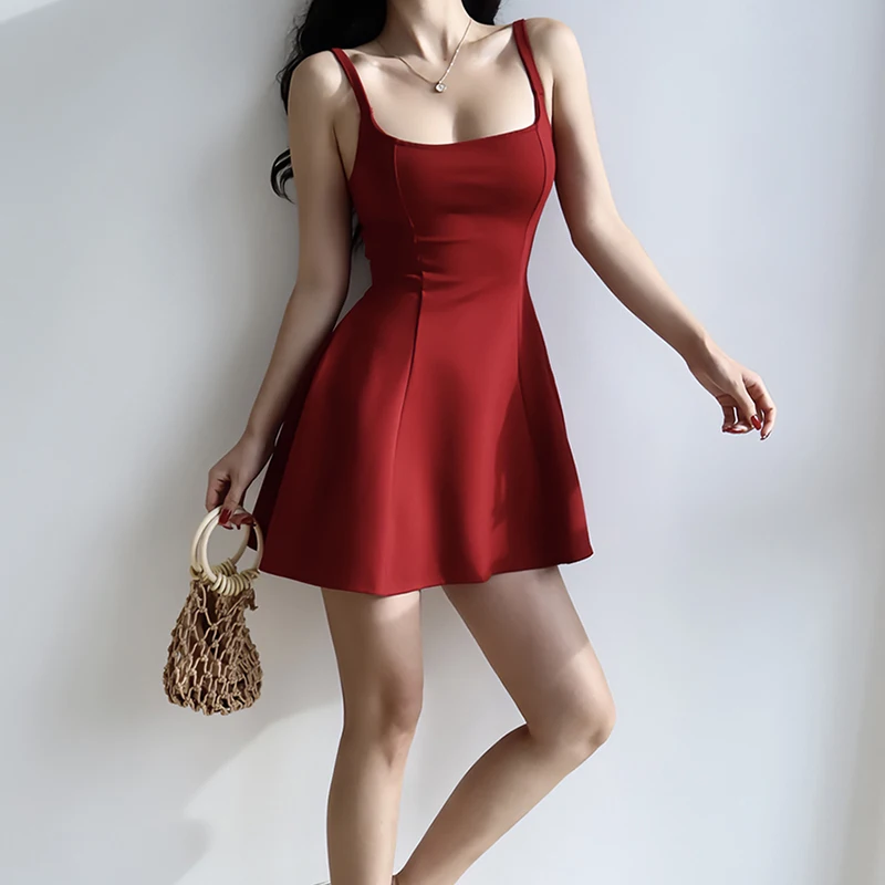 Mini abito Sexy donna nuova estate stile francese cinturino per Spaghetti rosso una linea Backless vocazione spiaggia Y2K Club Prom abiti nuovo