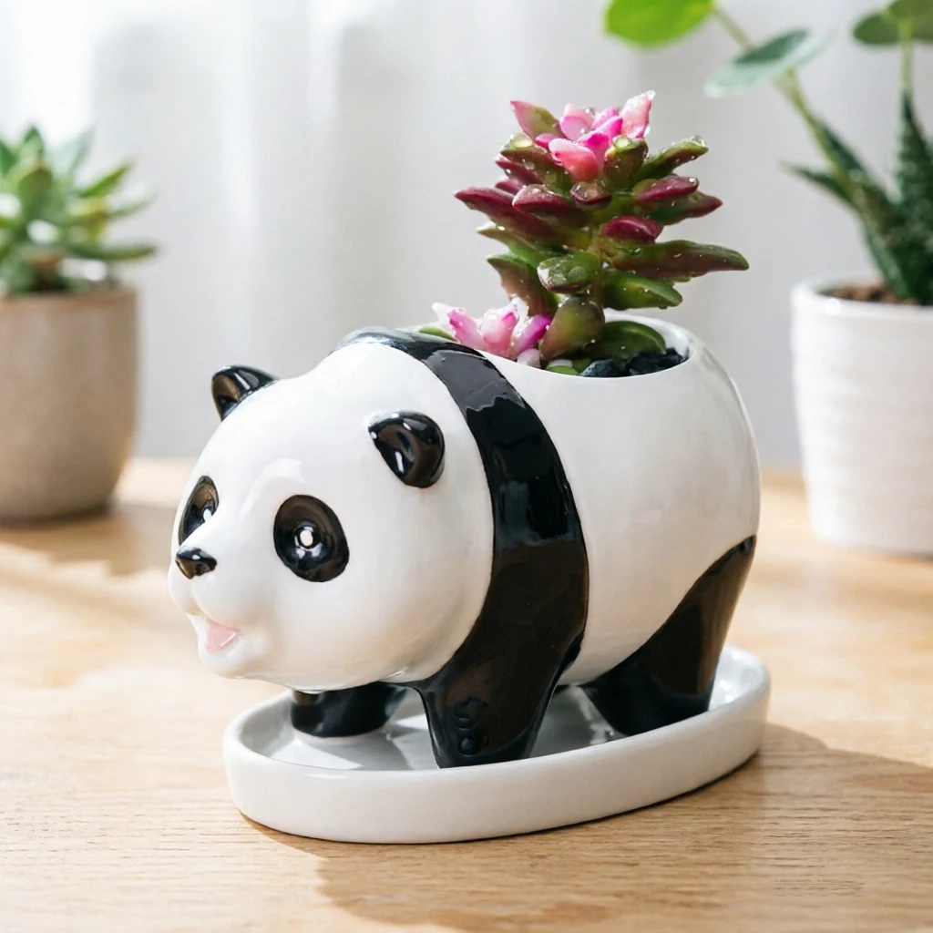 

Милый керамический горшок для суккулентов в форме панды с дренажным отверстием - Креативный цветочный горшок в форме животного для кактусов/бонсай/комнатных растений - Домашний декор