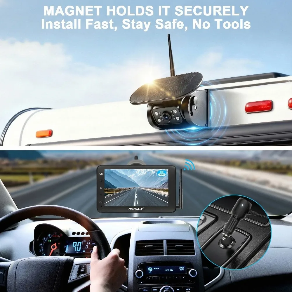 7Inch 2CH Wireless Solar Backup Camera Magnetic AHD Rear View Monitor 12-24V IP68 Waterproof Reverse Camera for Truck RV Trailer