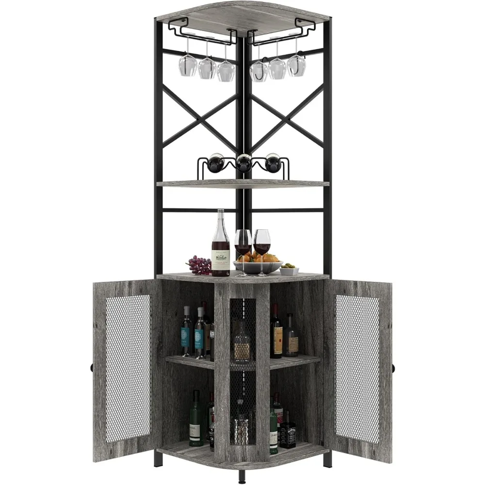 

Osfvolr Bar Cabinet w/Wine Rack and Glass Holder, Corner Cabinet with Mesh Door, Corner Bar Cabinet with Adjustable Shelf, Liquo