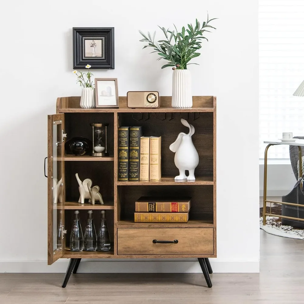 Mueble de bar con estante para vino, mueble tipo buffet para cafetería con almacenamiento, cajón, soporte para vidrio, aparador de madera para botella de vino