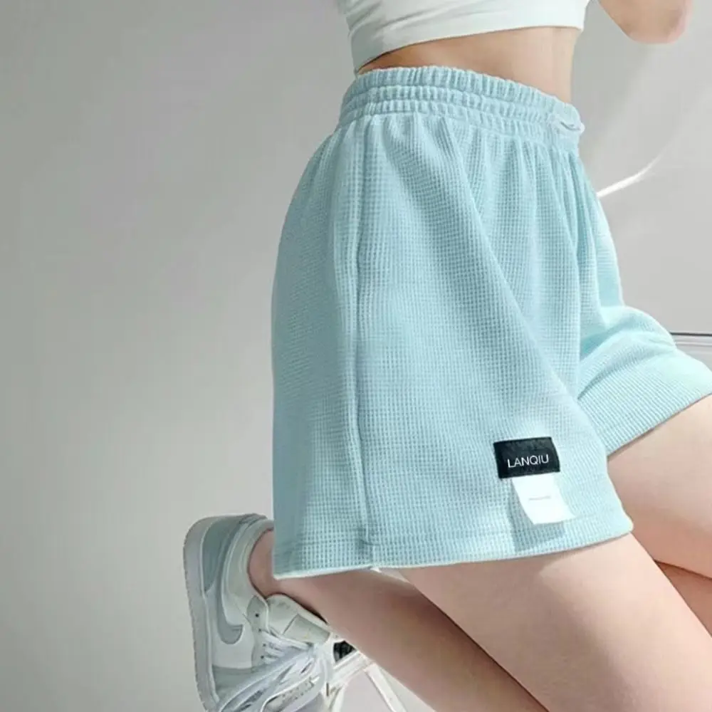 

Summer Women Waffle Shorts New Elastic Casual Waist Hot Pants Straight Homewear Solid Color High Waisted Sports Shorts