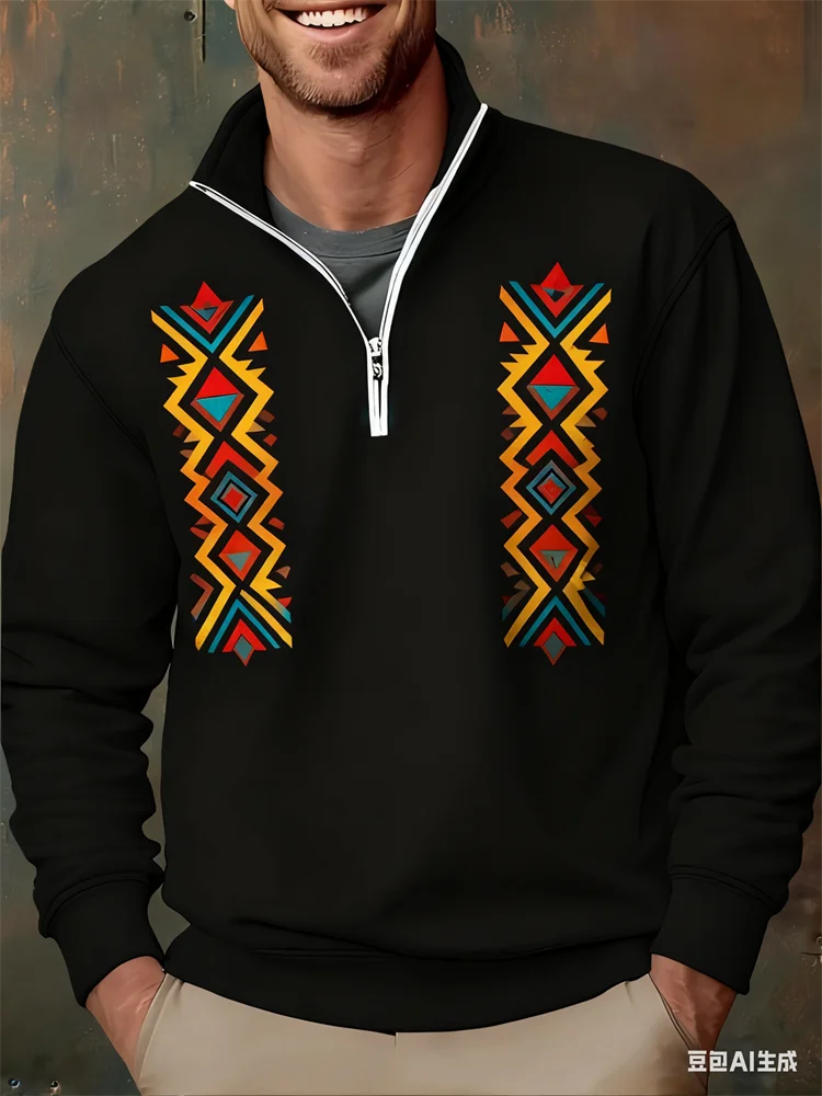 

Autumn Fashion Geometric Print Men's Half-zip Stand Collar Shirt Breathable Polyester Casual Breathable Long Sleeve Men Clothing