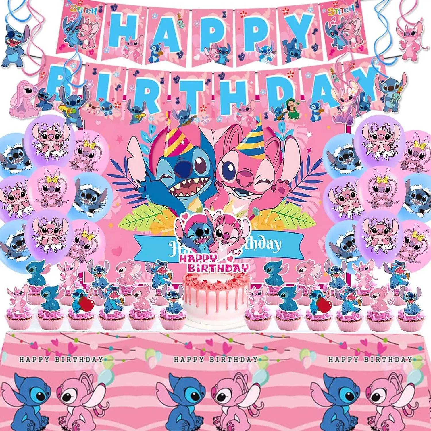 

Cute Pink Stitch Kids Birthday Decor Set Themed Background Party Supplies Include Banner Cake Toppers Balloons Cartoon Party Kit