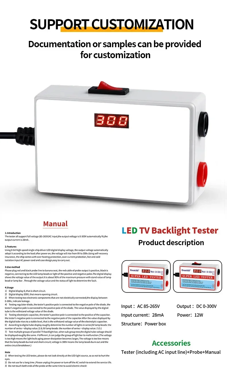 Stable CA-300V LED Lamp Beads Light Bar TV Backlight Tester LED Strips Beads Lamp Board Test Tool Capacitance Diode Voltage Test