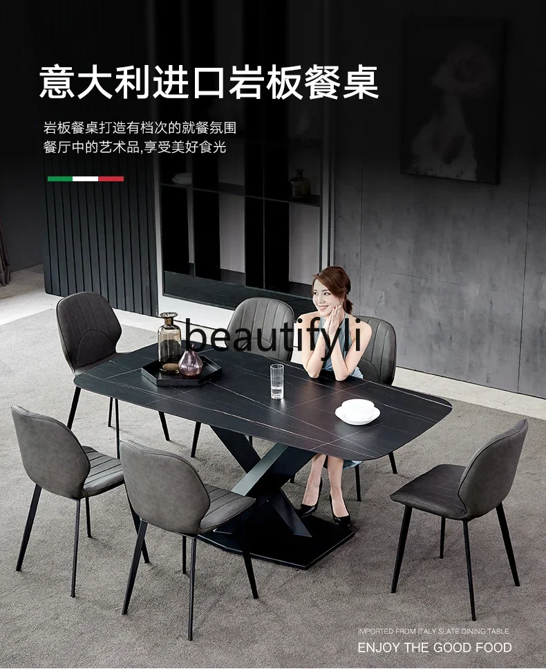 

01A Italian minimalist rock slab dining table rectangular creative simple modern light luxury dining table and chair combination