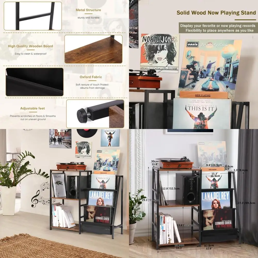 

Трехуровневая подставка для хранения пластинок, держатель для проигрывателя с полкой для демонстрации, в деревенском стиле, коричневый, для гостиной