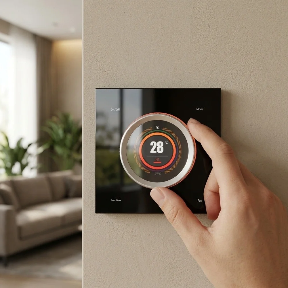 WiFi Connected for Smart Thermostat with Voice Operated Interface and Ambient Light That Complements Interiors