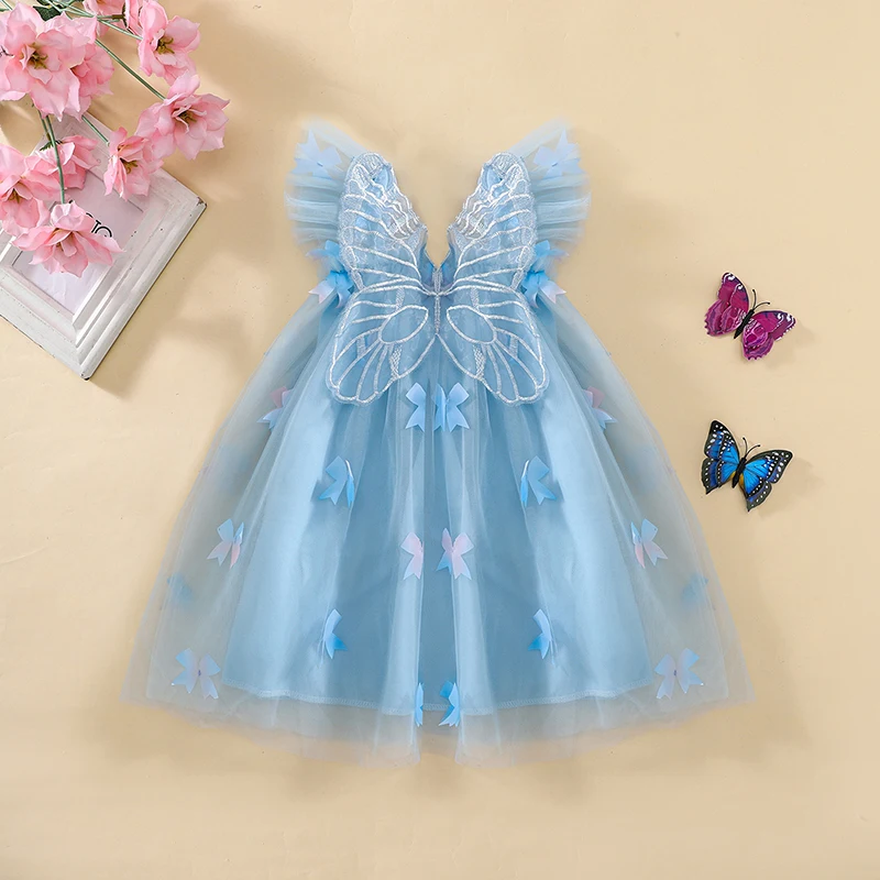 Adorabile abito da principessa in tulle per bambine con ali scintillanti e dettagli con fiocco per abiti estivi da festa in spiaggia - Elegante e