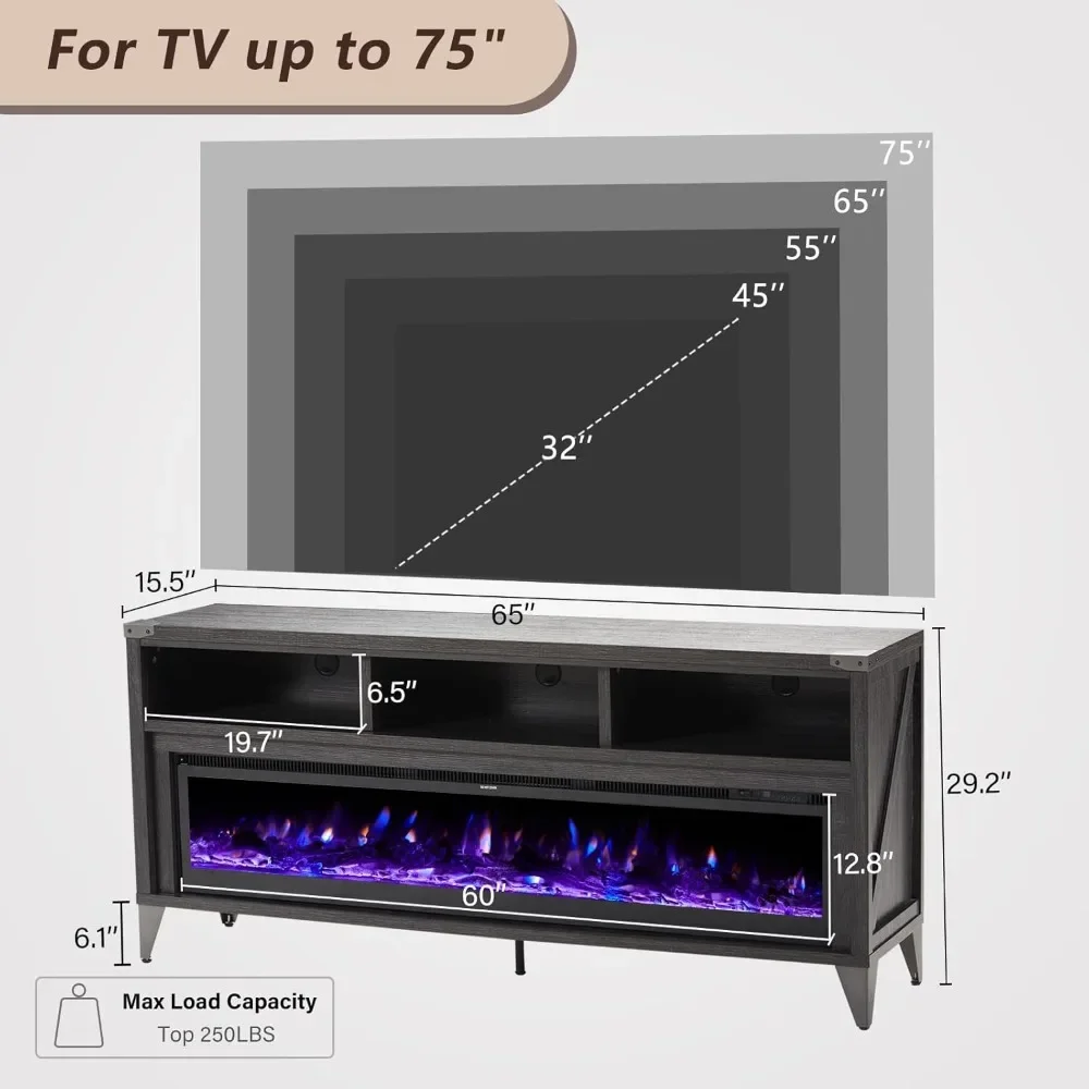 Fireplace TV Stand with Open Shelve Storage for TVs Up To 75