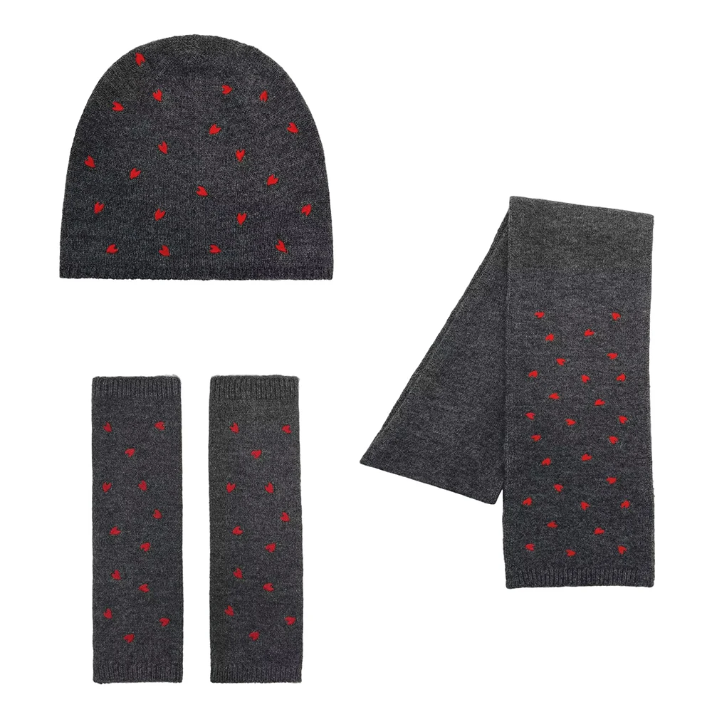 Winter new women's clothing sweet heart-shaped embroidered gloves scarf brimless knitted hat hat