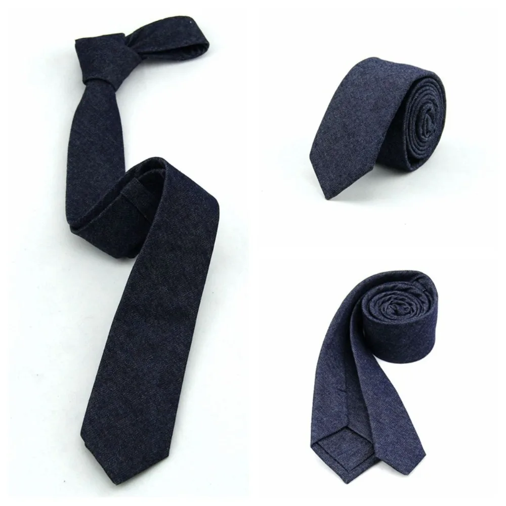 Classic Solid Color Jean Fabric Tie Narrow Soft Denim Men Necktie Blue Hand Tied Retro Cravat Suit Accessories