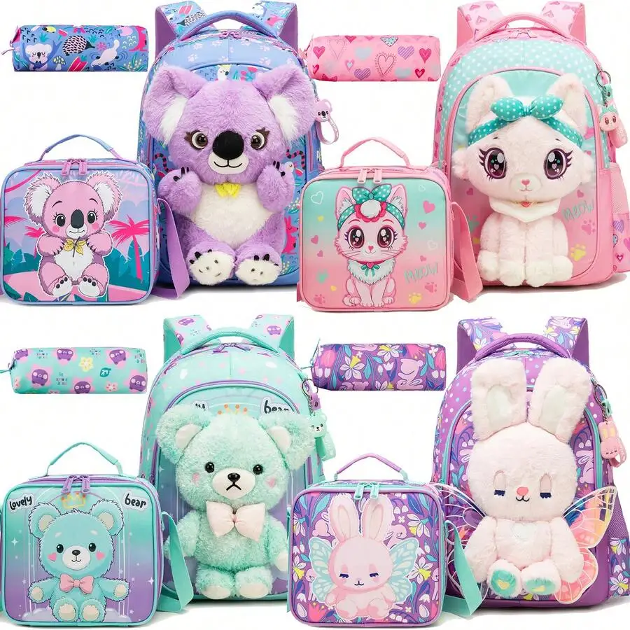 3-piece cute girl's school bag set, including a crossbody bag and pencil case, lightweight student backpack, back-to-school supplies