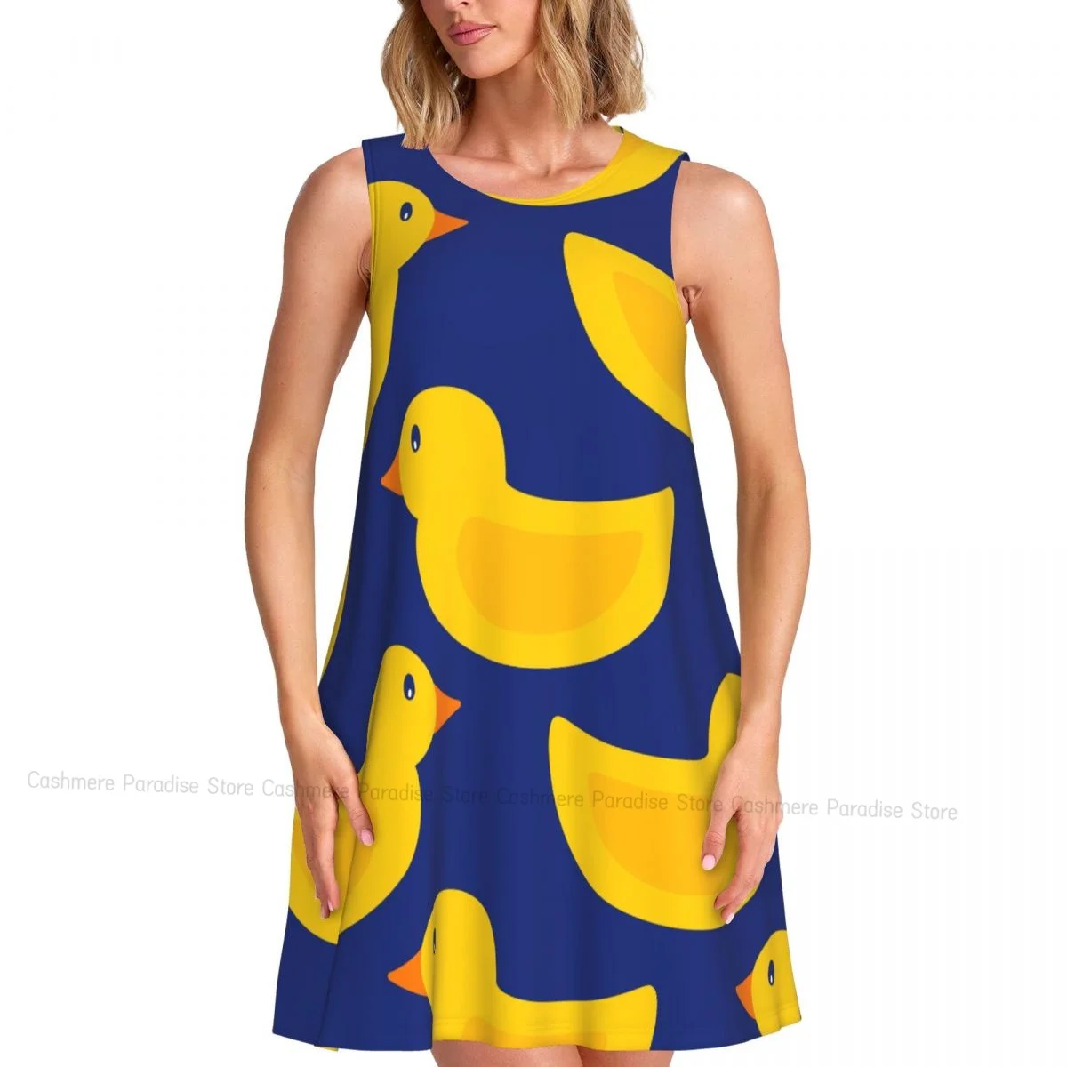 Women Casual Knee Women's Dress Yellow Rubber Duck O Neck Sleeveless Above Dress