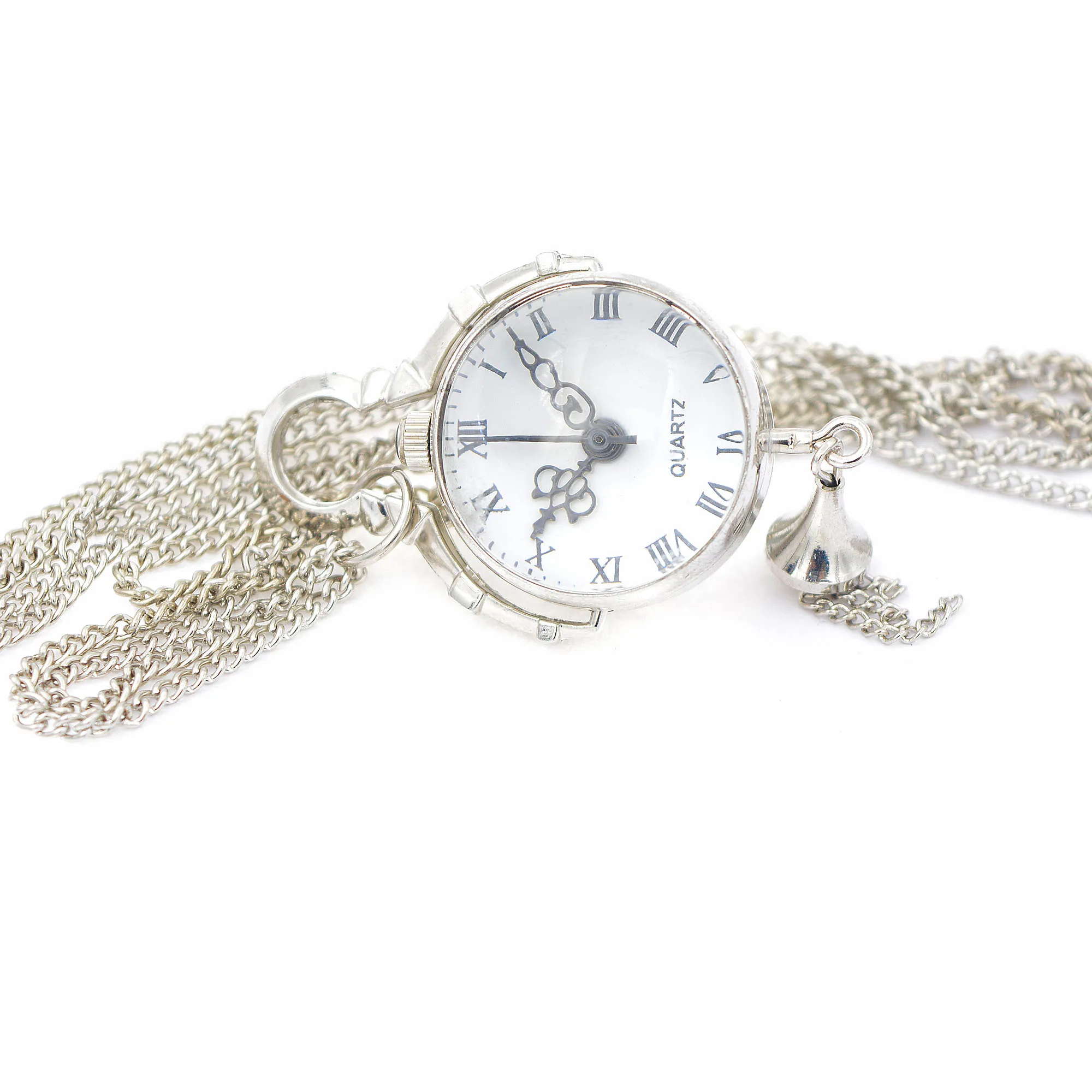 Woman Watch Vintage Style Silver Tone Case Quartz Ball Glass Pocket Watch Necklace Chain