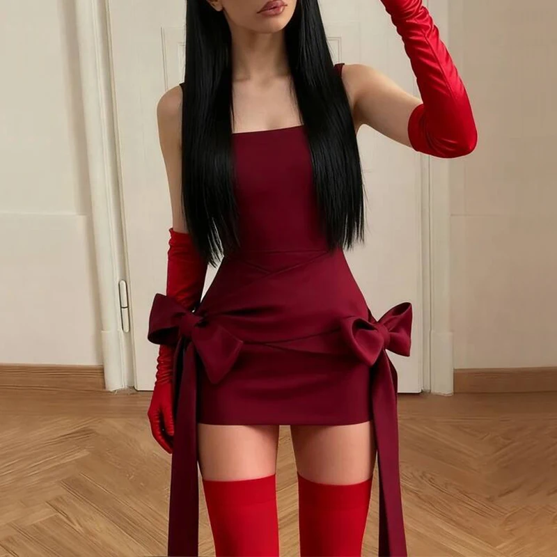 BKLD Modisches rotes Minikleid mit Schleife, Träger, quadratischer Kragen, ärmellos, rückenfrei, Vintage, niedlich, Damen, schlank, Party, kurze A-Linien-Kleider