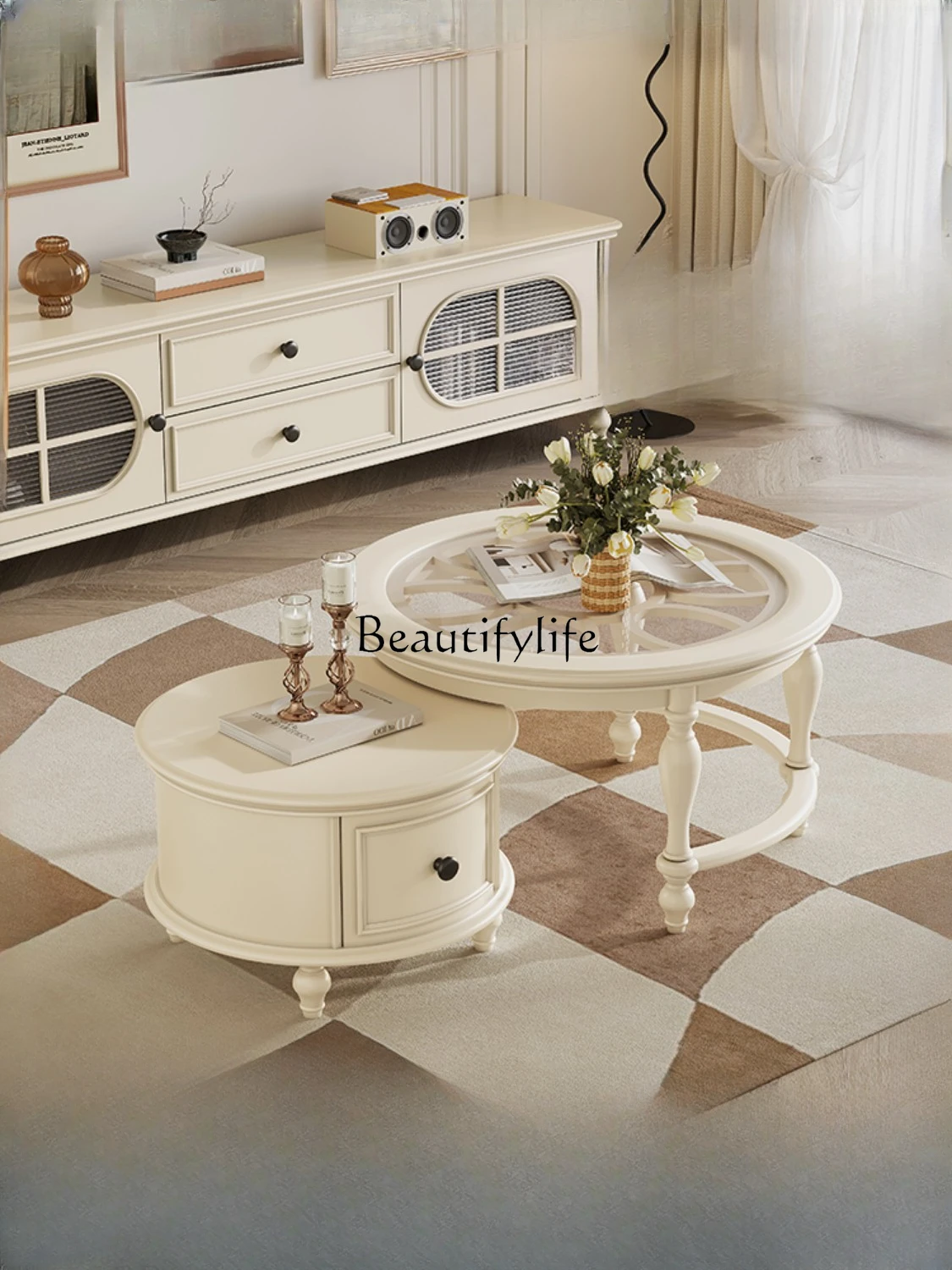 Solid Wood Tea Table Combination Simple Living Room French Small Apartment Retractable Changhong Glass round Tea Table