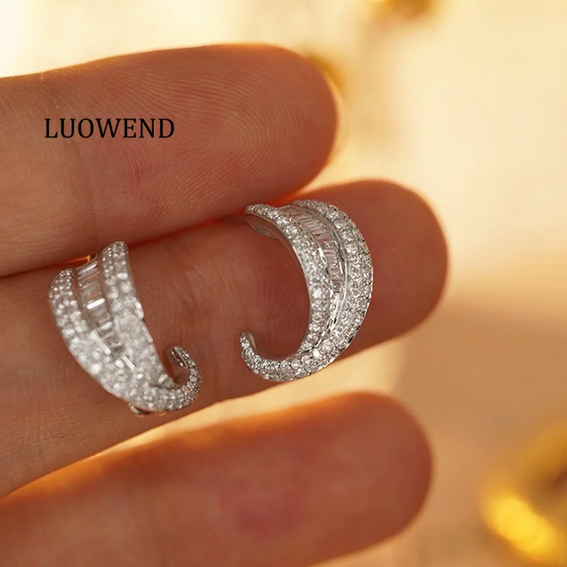 LUOWEND 18K White Gold Earrings Luxury 0.80carat Real Natural Diamond Stud Earrings for Women Fashion Design High Party Jewelry