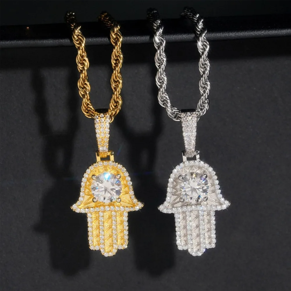 Hiphop D Color Moissanite Hamsa colgante de mano Plata de Ley 925 chapada en oro de 18k helado diamante collar de Fátima probador de paso