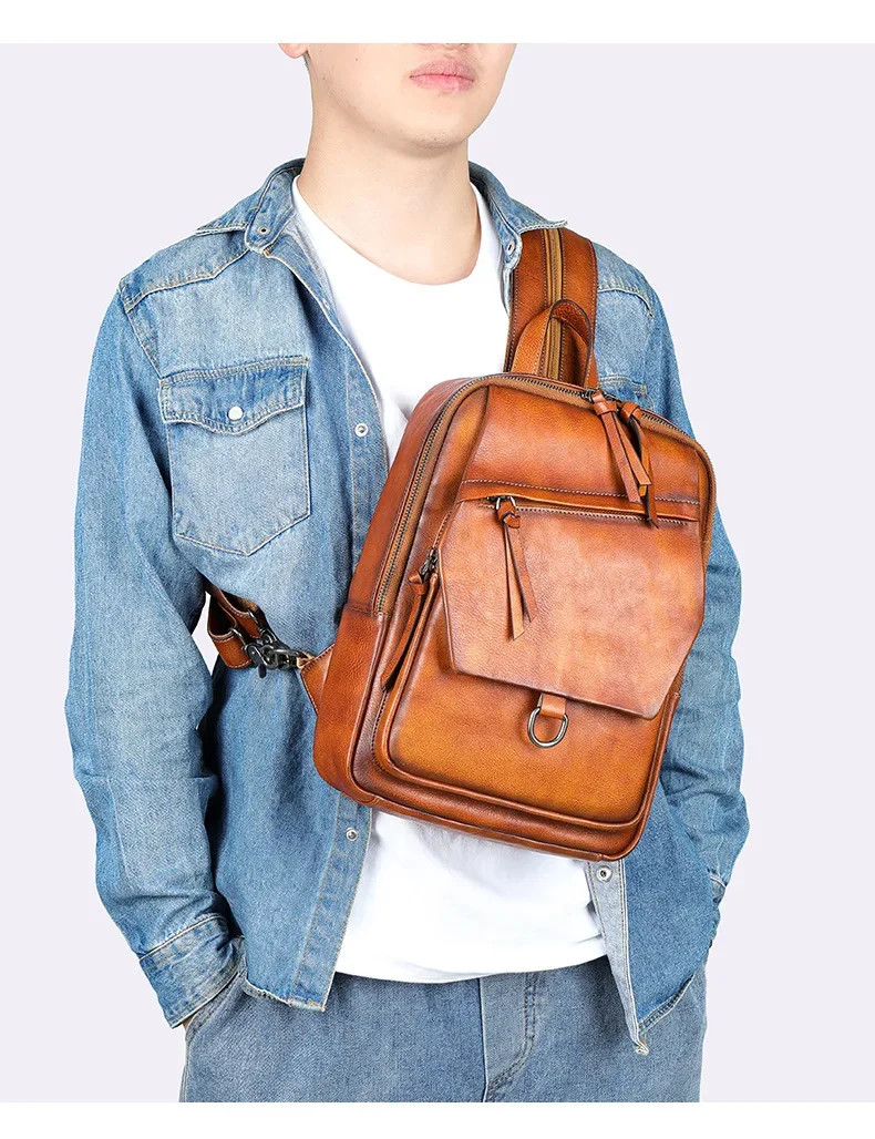 Genuine Leather Chest Bag for Men, Vintage Multi-functional Shoulder Backpack