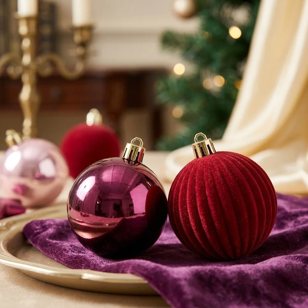 Purple Flocking Christmas Ornaments 39pcs 6cm Assorted Shaped Baubles European Style Polystyrene Hanging Decor For Xmas Tree