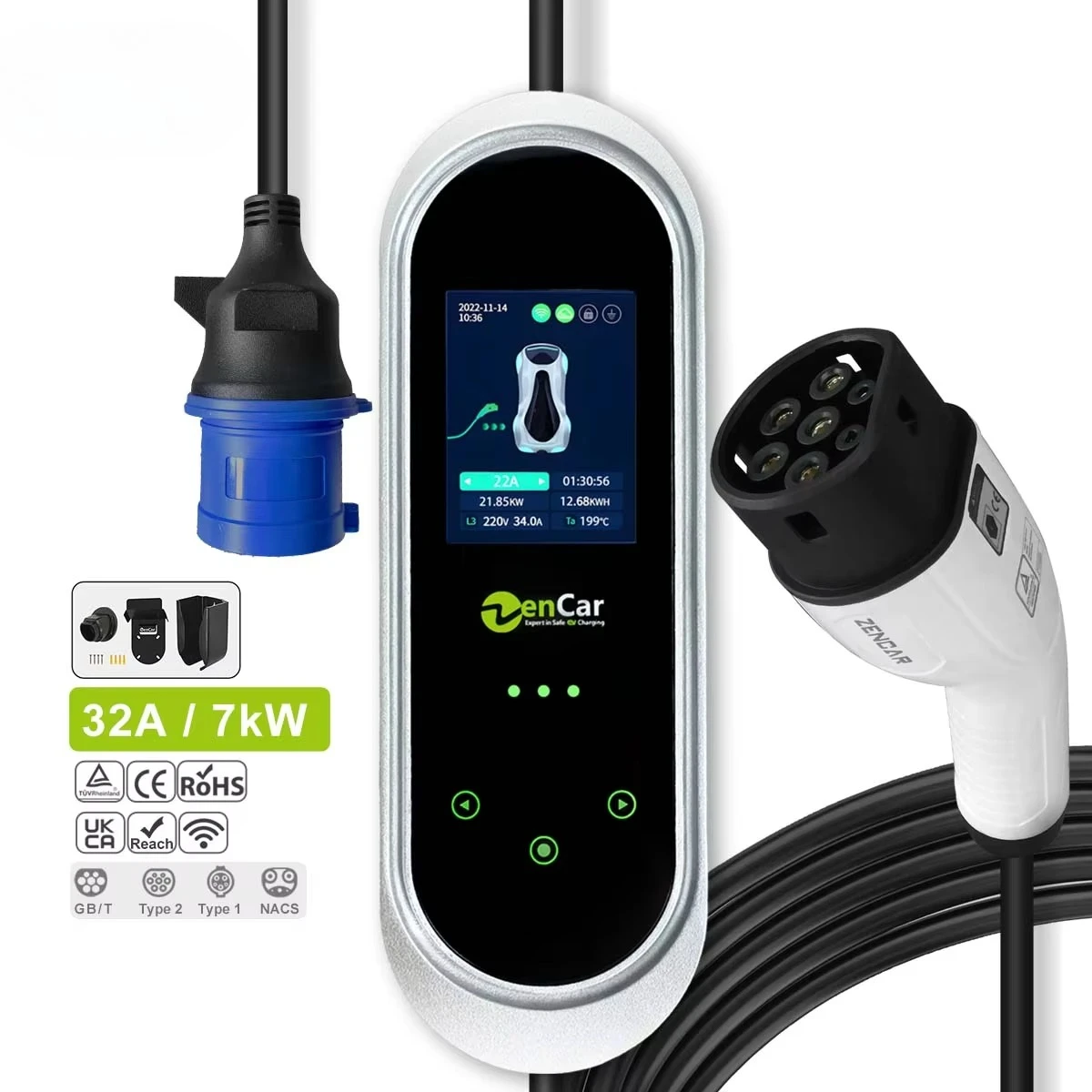 

32A 7KW Intelligent Electric Vehicle Charger GBT Type 1 Type 2 Mobile Home Fast Portable Electric Vehicle Charging WIFI APP