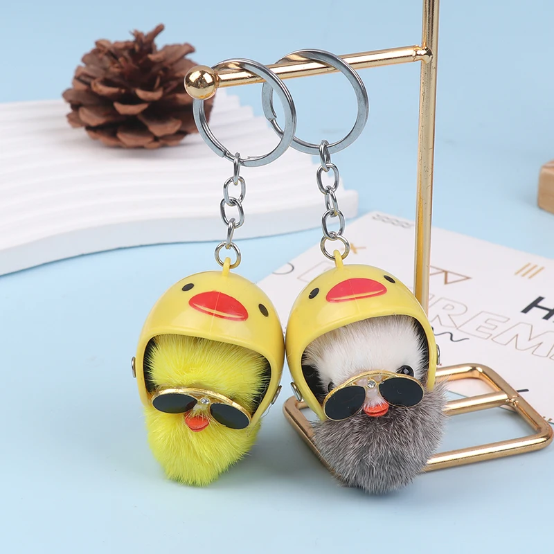 Cute Funny Fur Duck Figure Car Ornament Anime Doll Car Interior Accessories Lucky Helmeted Duck Hanging Decor For Car