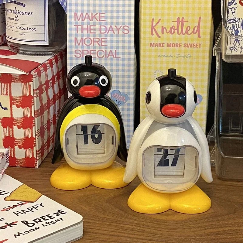 Kawaii Pingu Calendar Creative Desktop Penguin Brother And Sister Doll Ornaments Cute Cartoon Press Type Model Toy For Kid Gift