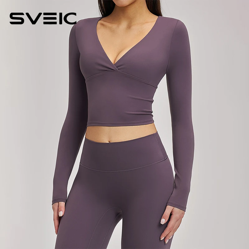 SVEIC Yoga Long Sleeve V Neck Cross Crop Tops Fitness Sportswear Breathable Pilates Workout Training Running Gym Woman Clothing