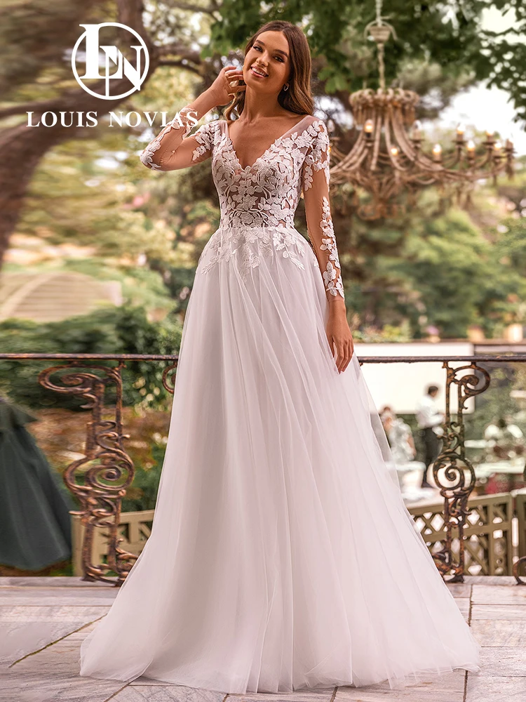 Louis Novias Kant Trouwjurken 2024 Frisse Sexy V-Hals Backless Appliques Bloemen Boho Trouwjurk A-Line Vestidos De Novia