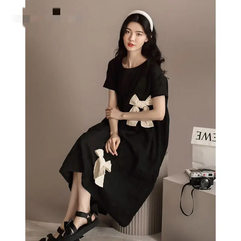 Fashion O-Neck Loose Folds Spliced Bow Casual Dresses Female Clothing 2024 Summer New Oversized Sweet Short Sleeve Midi Dress