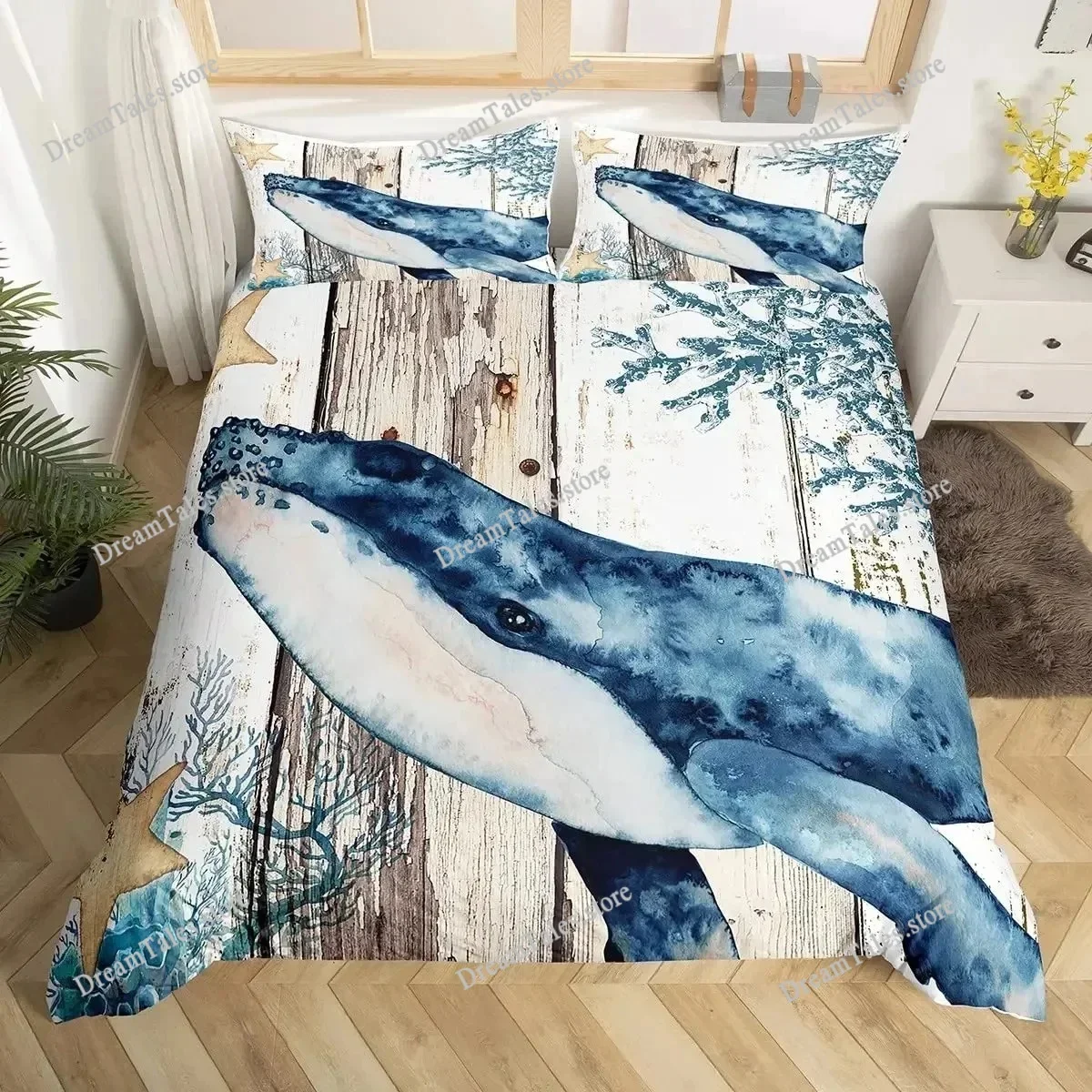 Whale Koi Duvet Cover Set Full Queen Size,Sunset Great Sea Wave Bedding Set,Animal Ocean Landscape Japanese Art Comforter Cover3