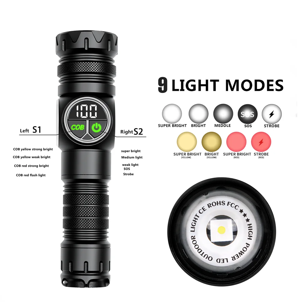 High Power Spotlight Long Range LED Flashlight With Side COB Light Type-C Charging Zoomable Aluminum Alloy Torch Lantern