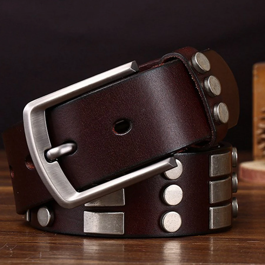 

Rivet Belt Genuine Leather Belt for Jeans Dress New Leather Jeans Belt with Stitch Design and Prong Buckle Male Waistband 3.8cm