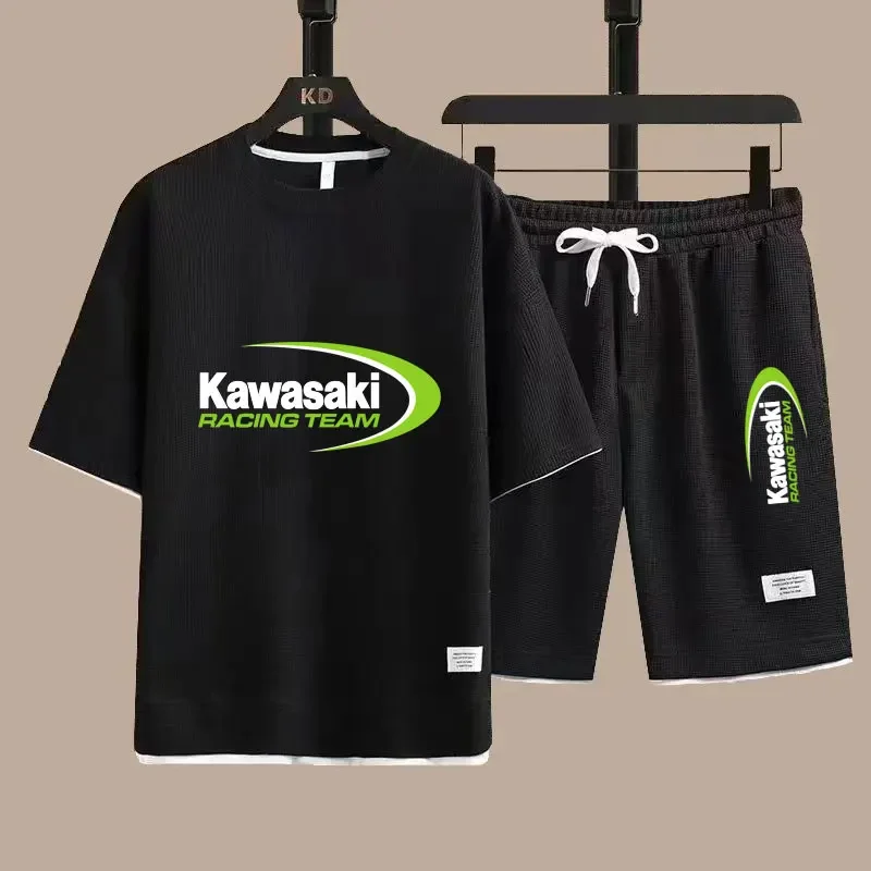 

Лето 202, новые мужские шорты Kawasaki Racing Team с логотипом, шорты с короткими рукавами, комплект из двух предметов, мужской уличный повседневный спортивный модный комплект