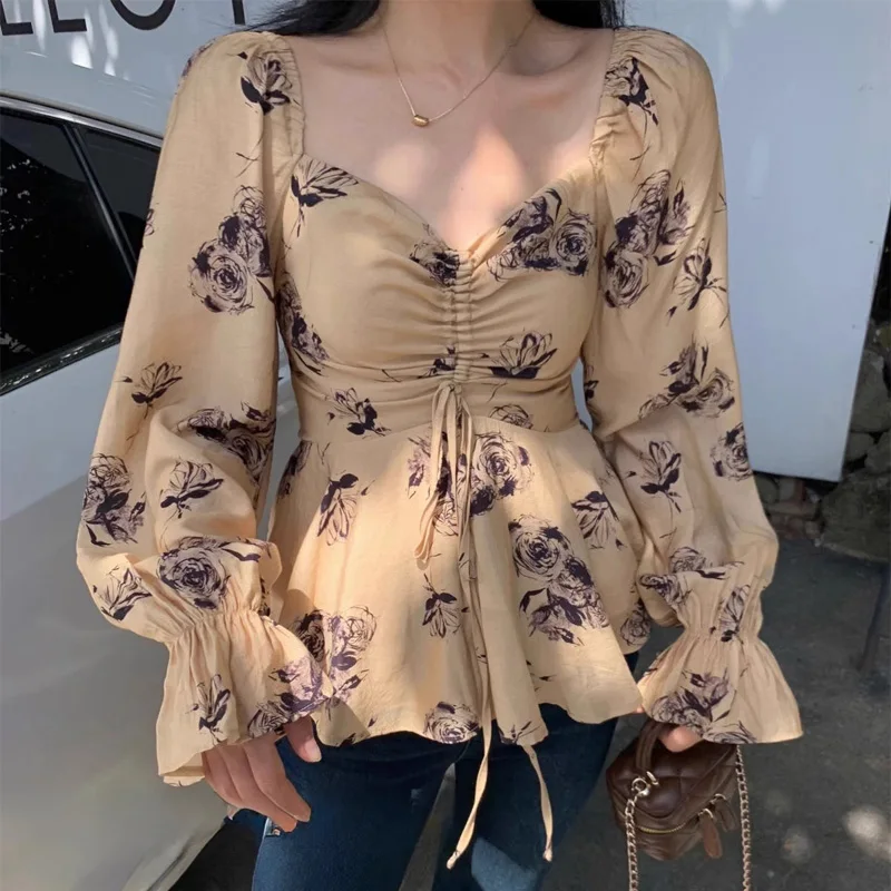 Spring summer design blouses V-neck floral drawstring shirt for women tops with slim waistband blusas mujer korean blouse women